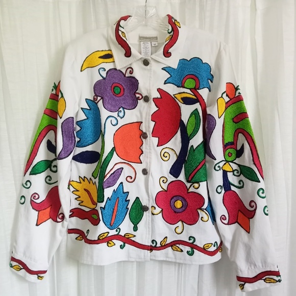 Coldwater Creek Jackets & Blazers - Coldwater Creek Embroidered Jacket Tropical Floral White Cotton Denim Buttons M